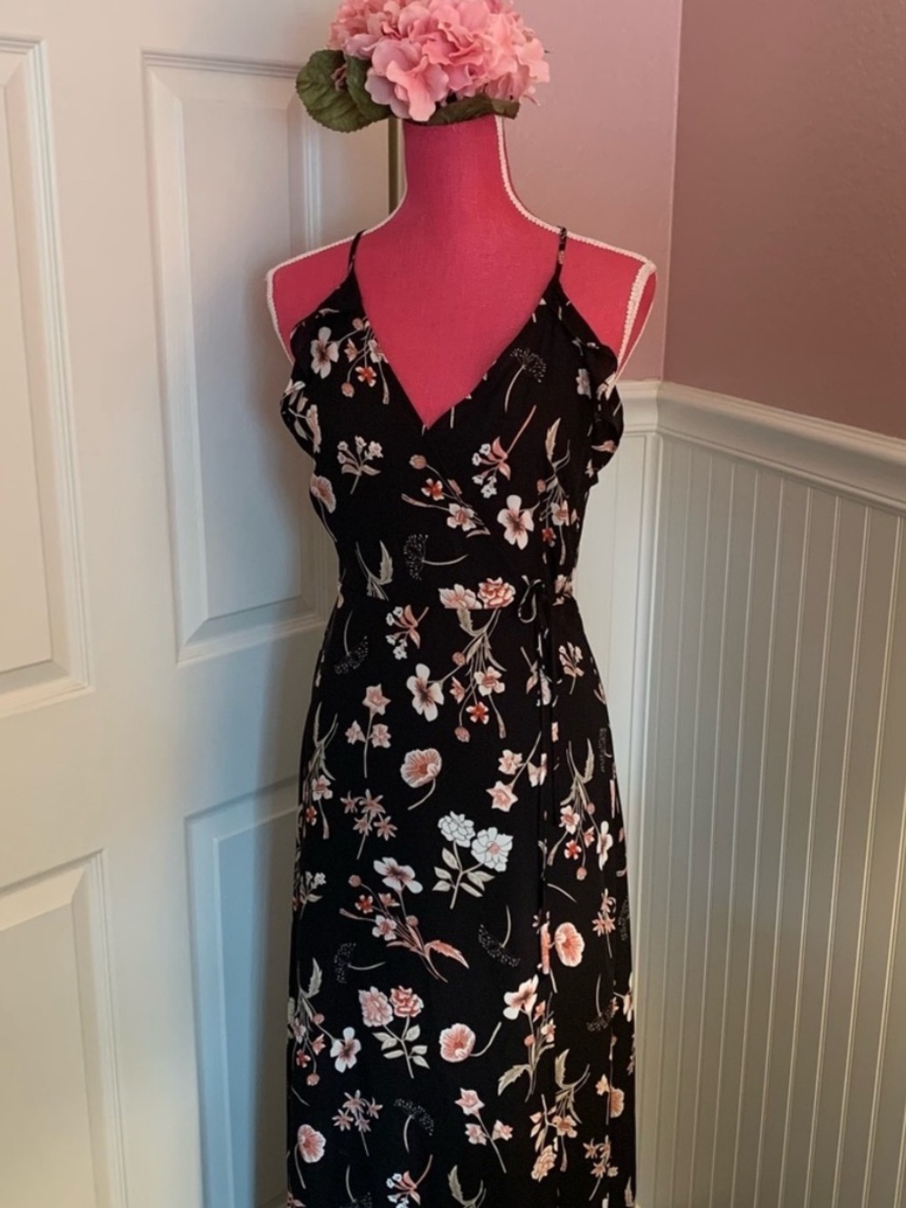 Lush Black Floral Wrap Dress Spaghetti Halter Strap and Modesty Snap, sz Medium